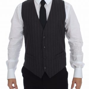 Dolce & Gabbana Grau gestreifte Woll-Logo-Weste Gilet Weste