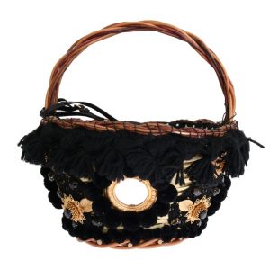 Dolce & Gabbana Beige Stroh Schlangenhaut Pom Pom Kristall AGNESE Tasche