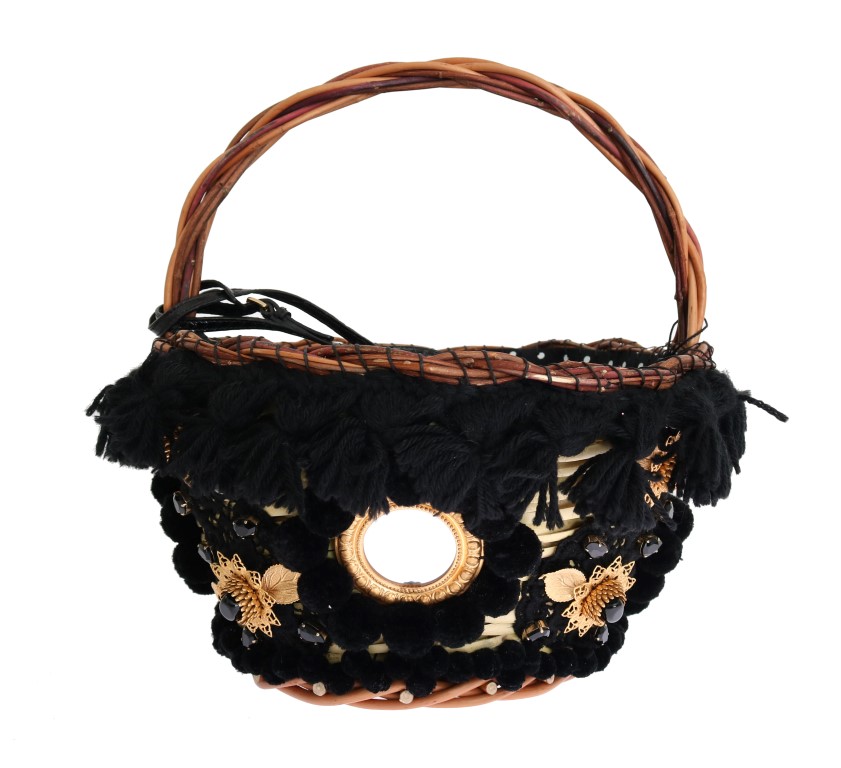 Dolce & Gabbana Beige Stroh Schlangenhaut Pom Pom Kristall AGNESE Tasche